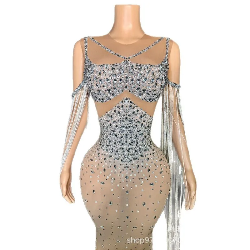 Heldere Kwastje Sexy Nep Vlees Temperament Jurk Banket Gastheer Prestaties Kleding Model Catwalk Trendy Kleding Galajurken Luxe