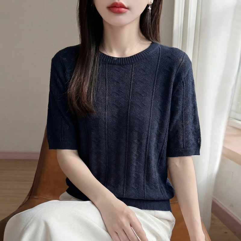 First-line ready-to-wear high-quality round neck rhombic cashmere short-sleeved T-shirt
