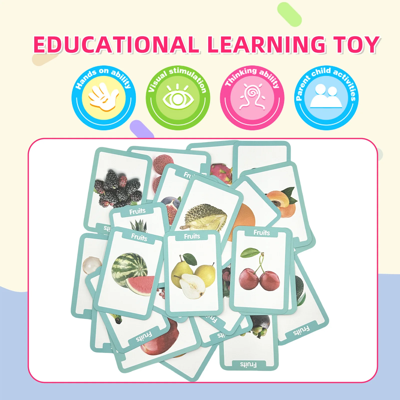 Educational Flashcards for Kids - Learning Tools with Fruit Animal Vegetable Color Themes - round Corner Design for Easy Handlin