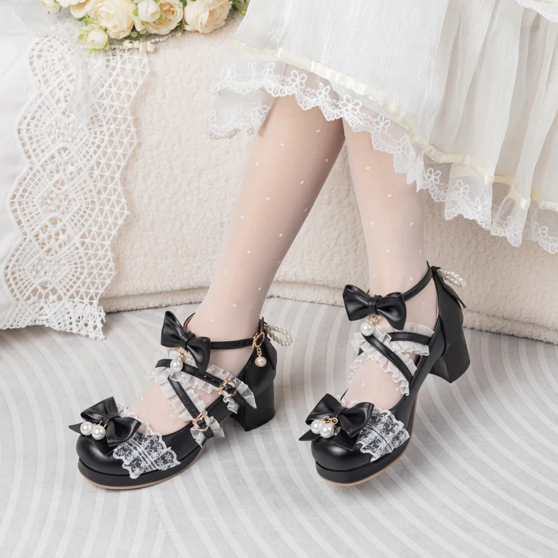 Women's Kawaii Shoes Cross Strap Pumps Cute Ankle Strap Mary Jane Shoes Cosplay Wedding Dancing Party Lace Mid Chunky Heel Pumps