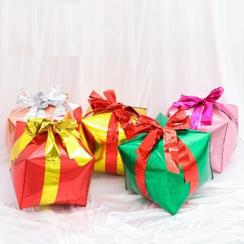 صناديق هدايا مكعبة، بالونات من رقائق معدنية لتزيين عيد الميلاد مع شريط هدية عيد ميلاد سعيد، صندوق هدايا عيد الميلاد الداخلي للمنزل #5