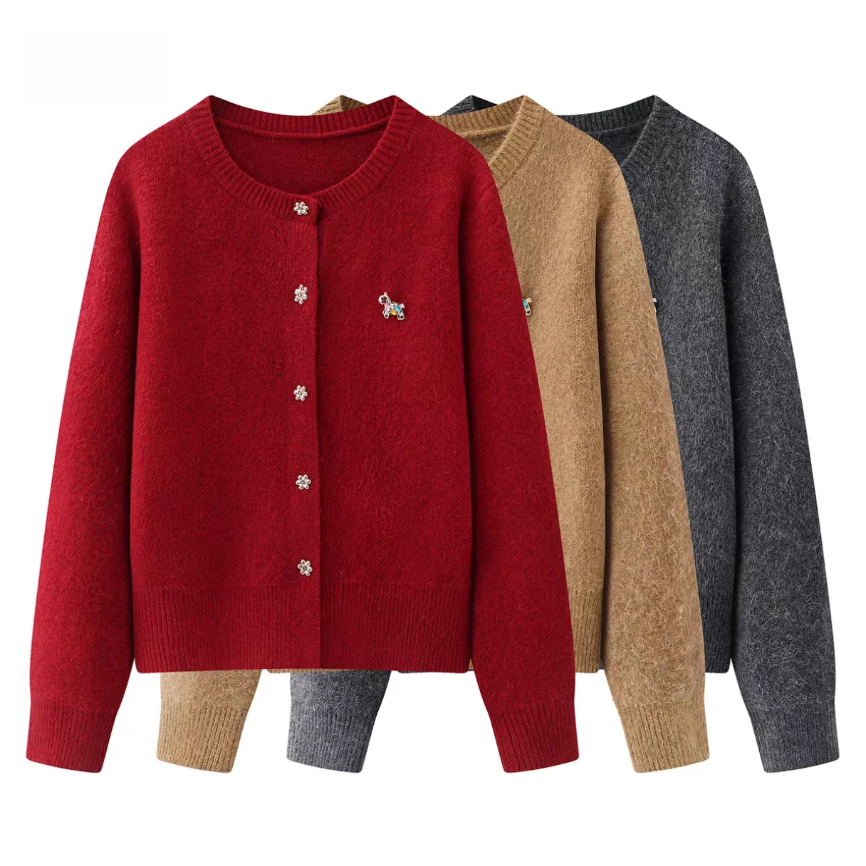 

Весенний 2026 Красный вязаный кардиган с вышивкой, женский свитер из кроличьего меха с узором «косичка», праздничный дизайн, маленький размер