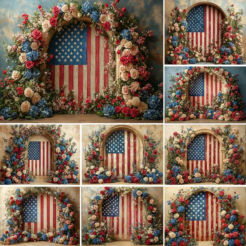 

Independence Day Photography Background Arch Floral Vintage Wall Decor Birthday Maternity Kids Adult Art Portrait Photo Backdrop