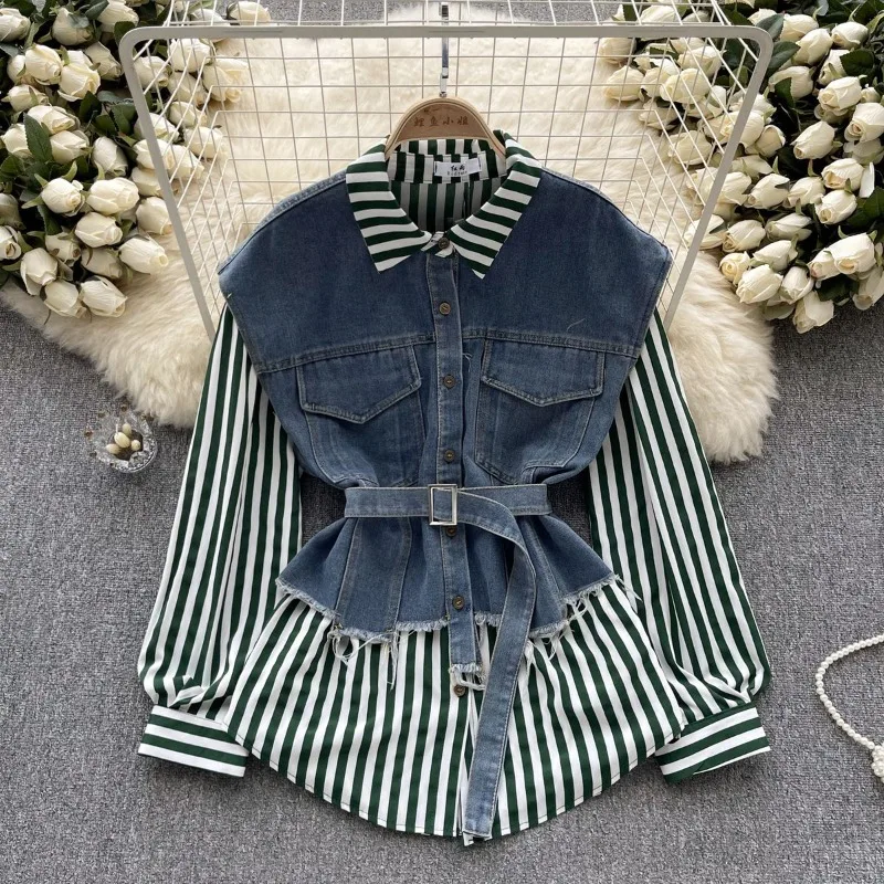 

Long-sleeved Shirt Fake Two Pieces Blouse Women's Lacing Waist Casual Loose Womenswear Trends Denim Patchwork Striped Shirts