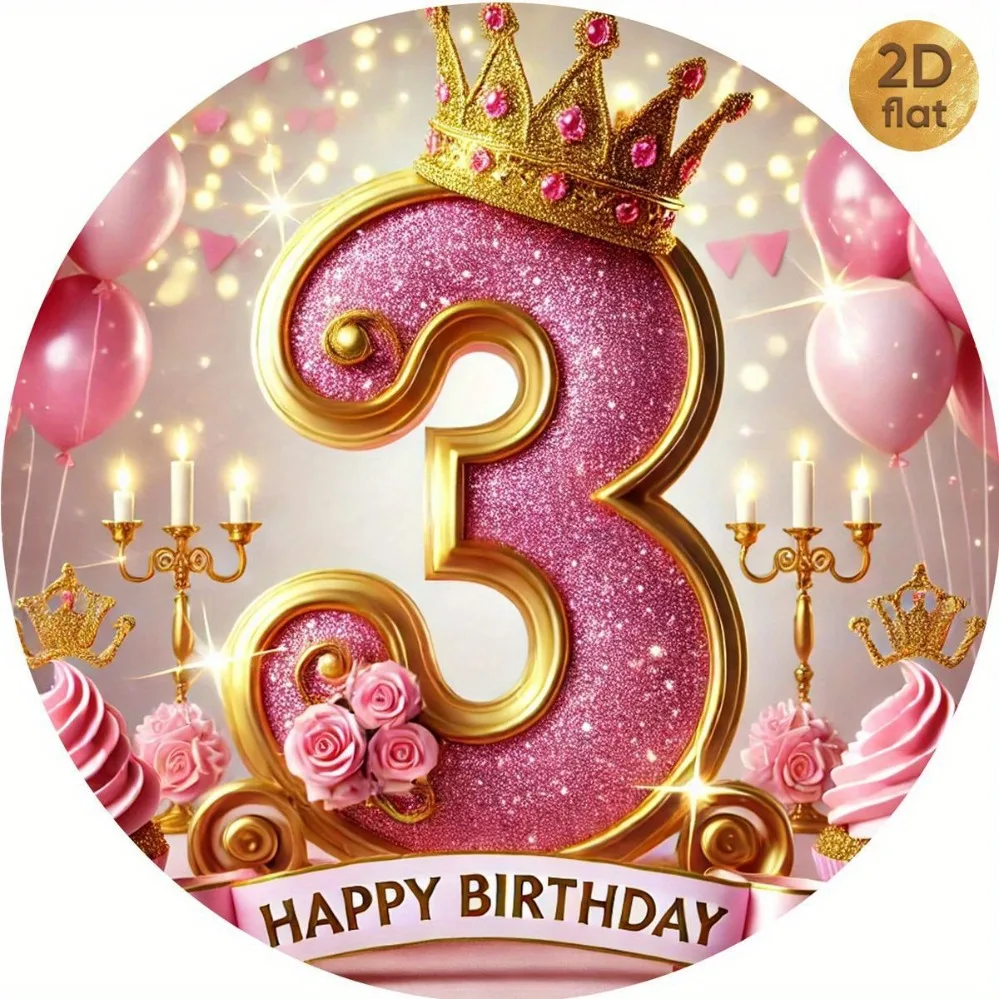 2D Metal Sign, Gold Crown Pink Princess Number 3 Flower Wall Art, Birthday Round Metal Decor for Living Room Office