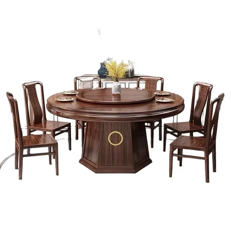 Large and simple tenon and mortise structure with turntable New Chinese round dining table and chair combination