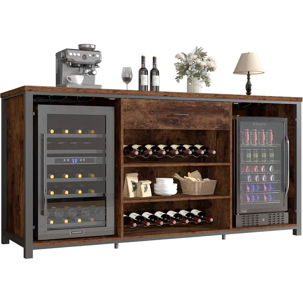 70 Rustic Farmhouse Wine Cabinet with Drawers and Fridge Space for Kitchen Dining
