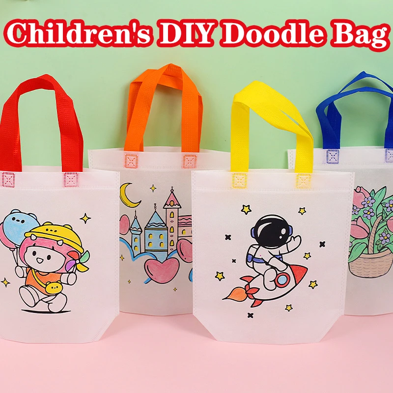 Cartoon Graffiti Bag With Coloring Markers Handmade Painting Non-Woven Bags For Children Arts Crafts Color Filling Shopping Bag