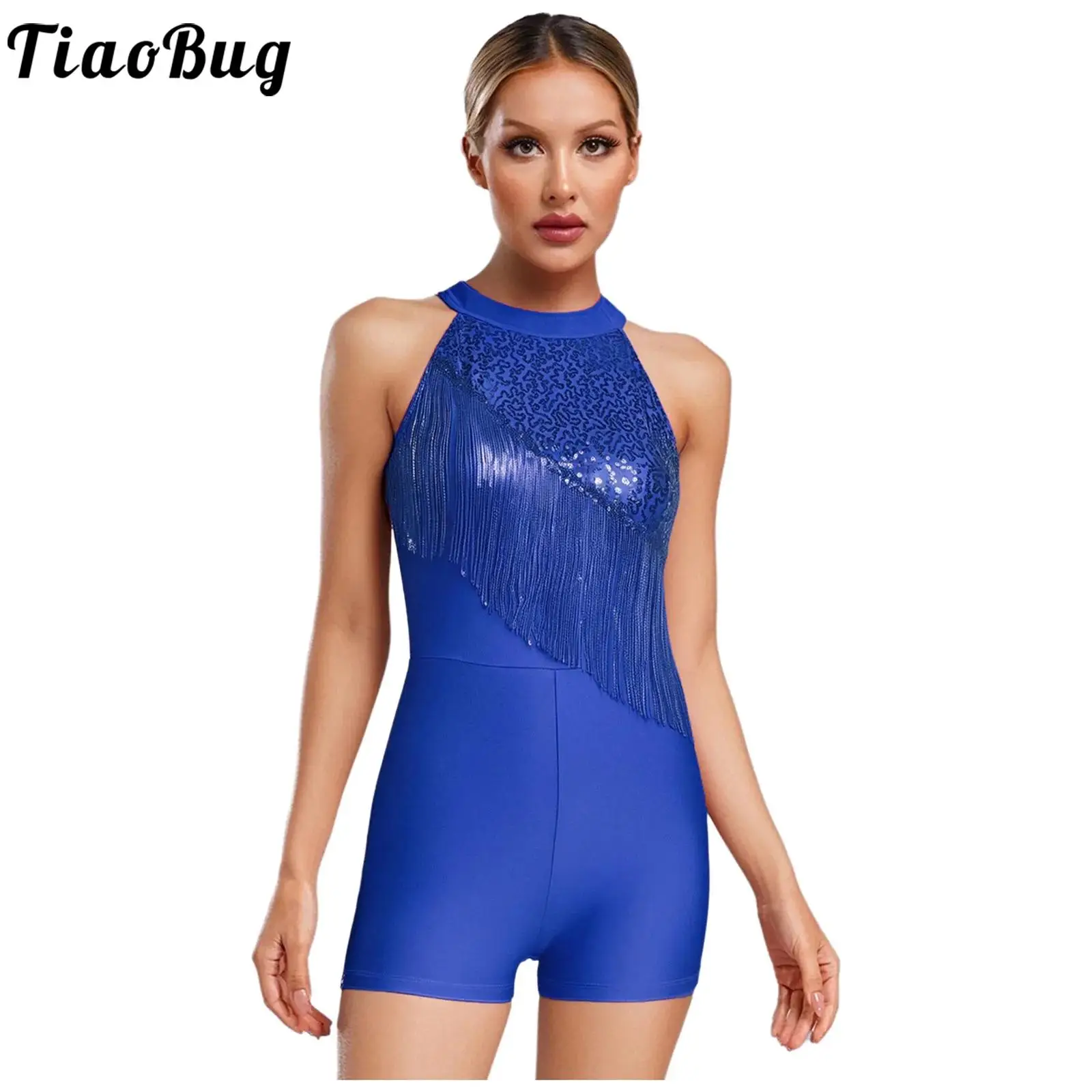 

Women Halter Shiny Sequin Ballet Dance Shorty Unitard Dress Gymnastics Leotard Stage Modern Rhythmic Dancing Performance Costume