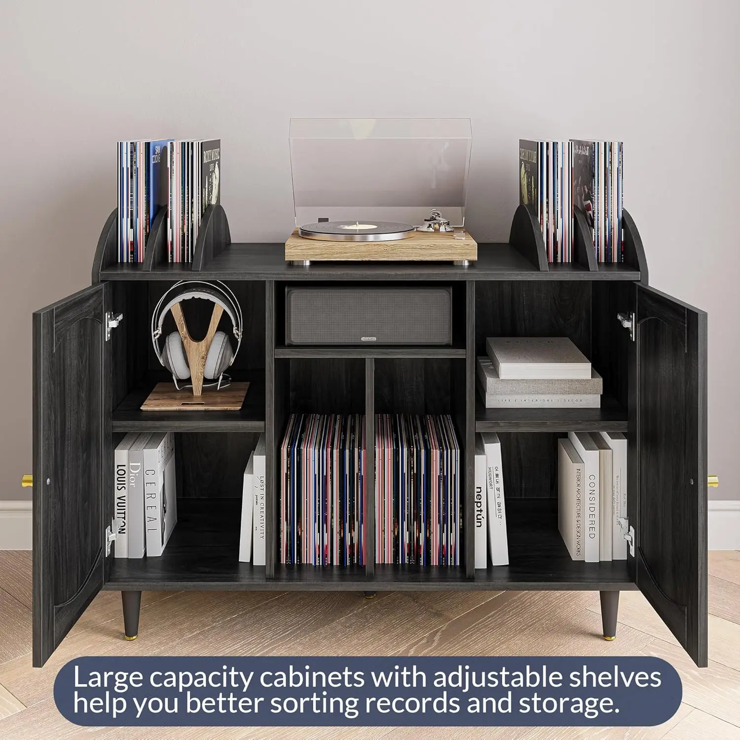 Mid-Century Record Player Stand, Vinyl Record Storage Cabinet Holds up to 350+ Albums, Rattern Decorated Turntable Stand w