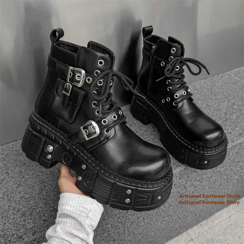 Black Pocket Decor Ankle Boots Rivet Buckle Strap Lace Up Platform Punk Motorcycle Boots Trendy Luxury Handmade Men's Boots