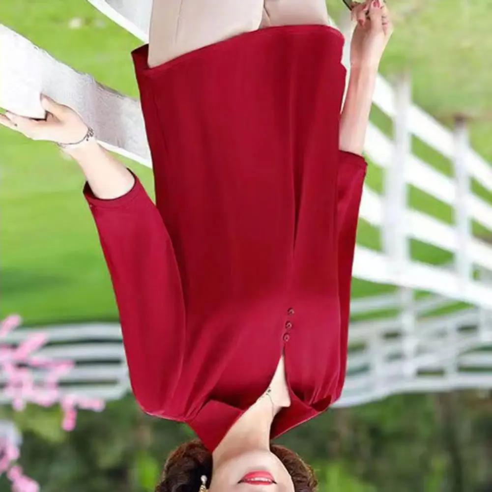 

Mother Summer Blouse Turn-down Collar Buttons 3/4 Sleeves Mom Spring T-shirt Pullover Mid-aged Casual Plus Size Mom T-shirt