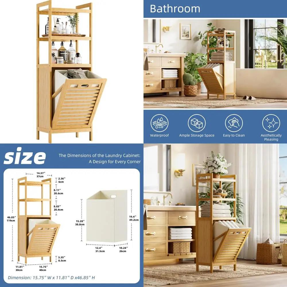

Foldable Bamboo Laundry Hamper with 3 Shelves, Freestanding Clothes Organizer for Efficient Storage Solutions