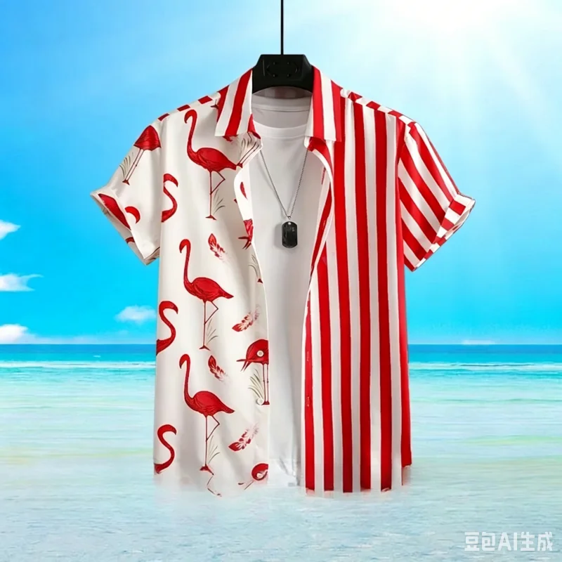 Camisa hawaiana con estampado de hojas y flamencos para hombre, camisa informal de playa de manga corta, camisa de pareja, ropa de verano