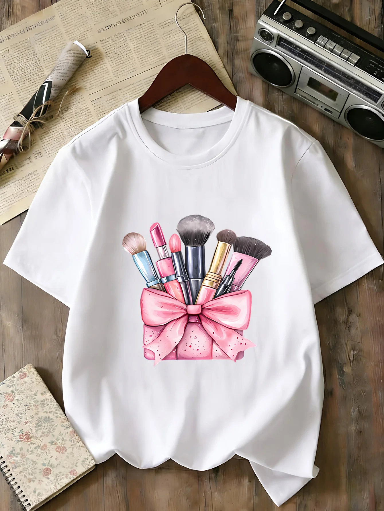 Fashion Bow Cosmetic Brush Print T Shirt Family Matching Boys Girls Kids Short Sleeve Casual Sweet Beauty Children Daily Tops