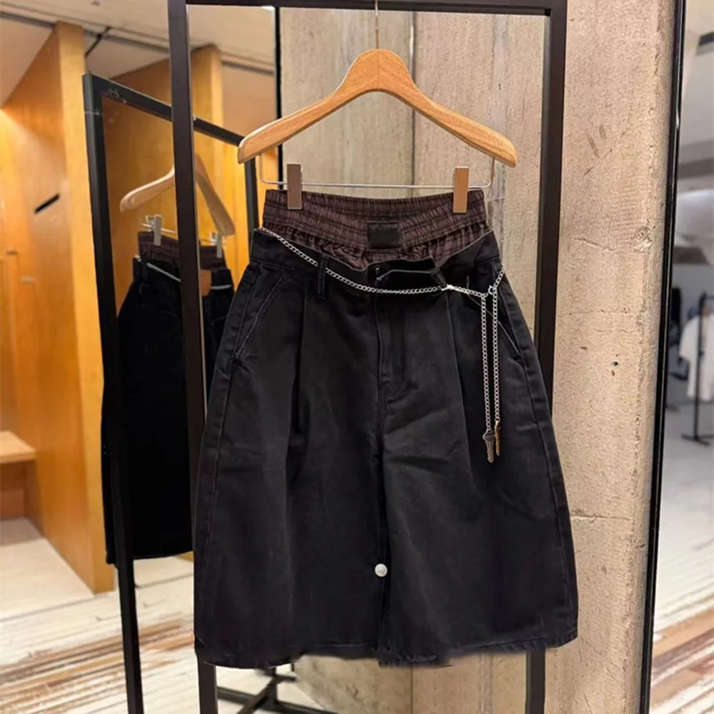 2025, Sommer, neuer Stil, limitierte Auflage, bunte Patchwork-Jeanshose mit doppelter Taille, locker sitzende Damenhose mit weitem Bein