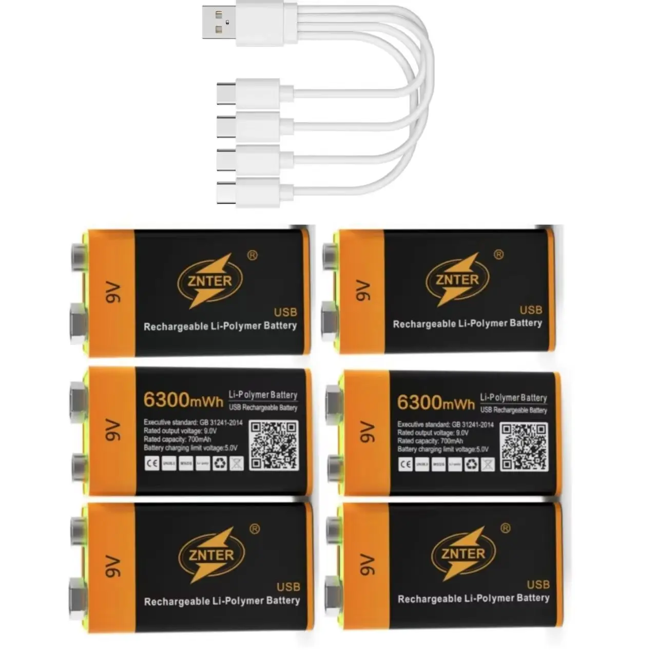 6pcs/lot ZNTER 9V rechargeable lithium battery 6300mWh 6F22 USB type-c lithium polymer battery suitable for toy game controller