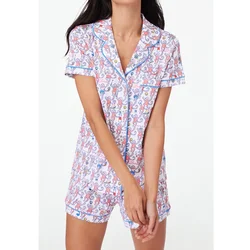 Preppy Pajamas Monkey Pattern Set 2000s Women Sleepwear Single Breasted Short Sleeve Shirt Top and Shorts Two Piece Loungewear