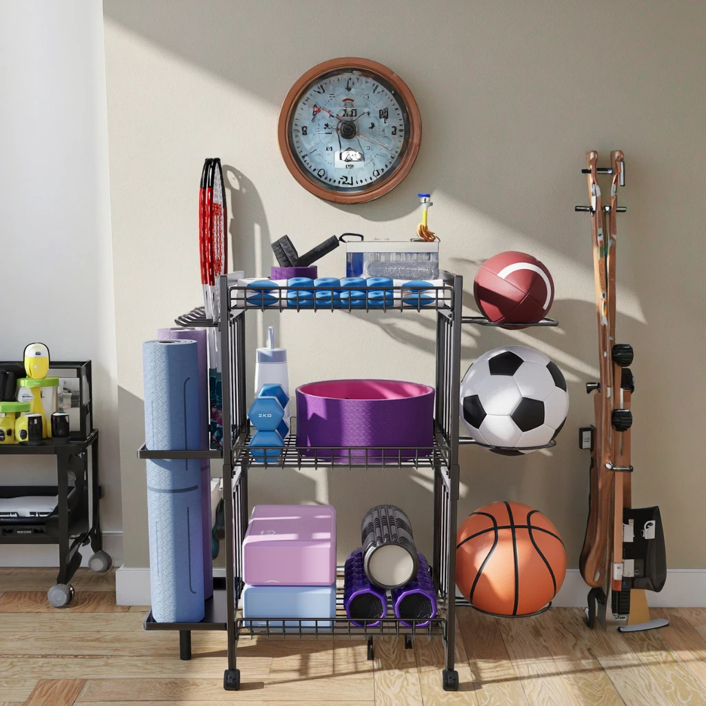 رف تخزين معدات اللياقة البدنية متعدد الطبقات قابل للإزالة لكرة السلة واليوجا وبساط الدمبل الرغوي وتصميم سلة متينة