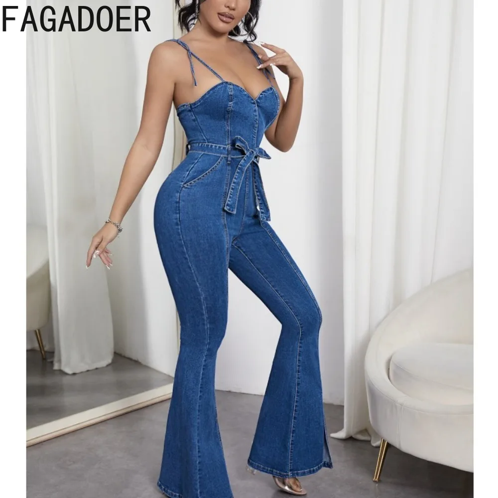 

FAGADOER Blue Fashion V Neck Bandage Thin Suspenders Jean Jumpsuits Women Sleevless Backless Lace Up Flared Pants Denim Playsuit