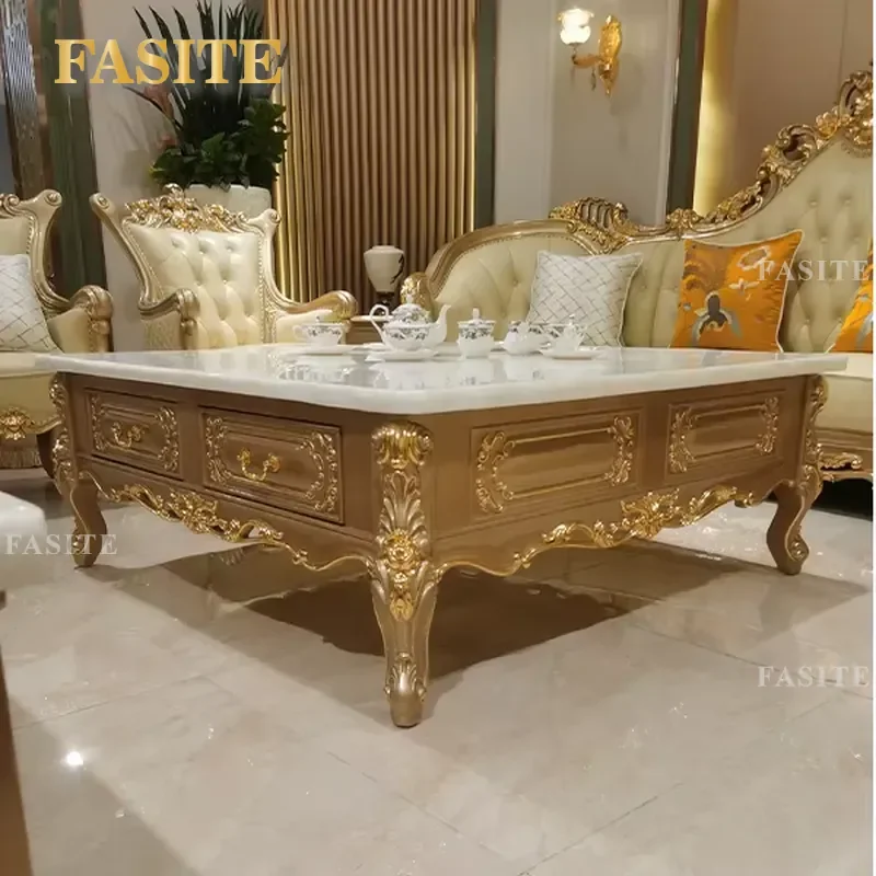For Luxury Classical Living Room Solid Wood Frame White Marble Top Tea Coffee Table Set With Drawer Cabinet Furniture