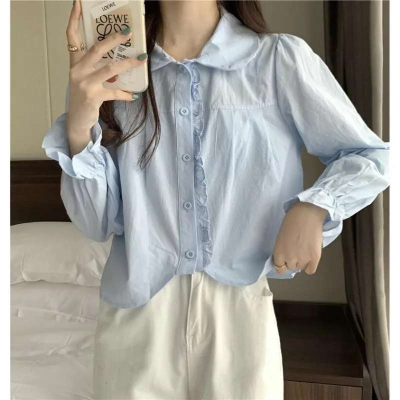 Camisas e blusas femininas com babados, moda coreana, pétala sólida, tops de manga comprida, camisa feminina, roupas elegantes, novo, 2024