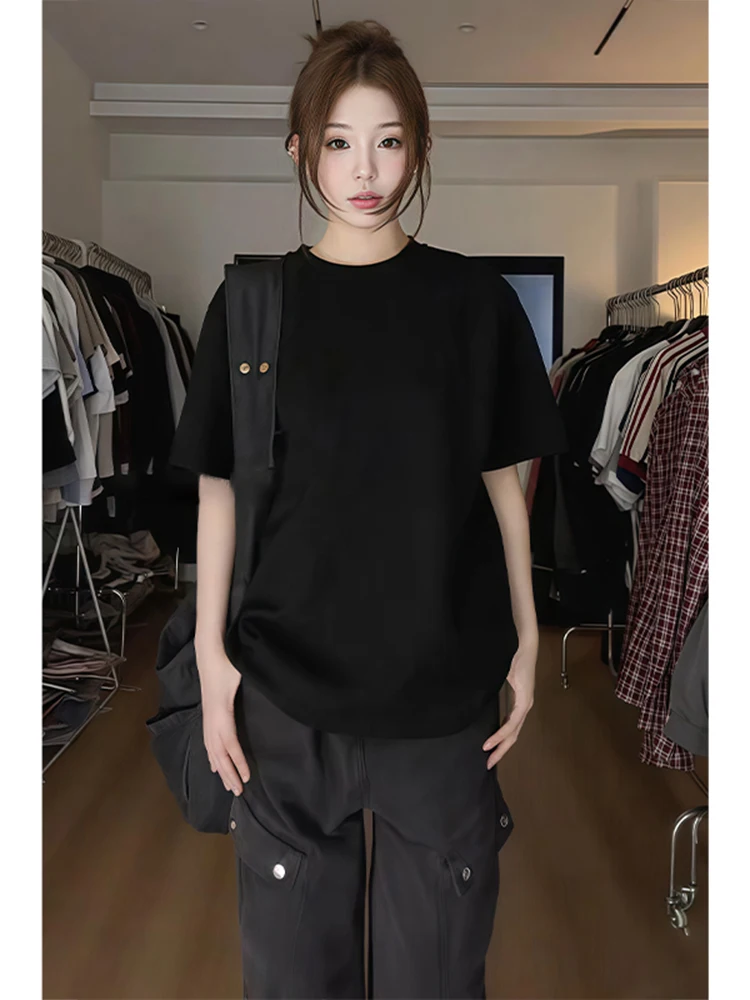 Pure Black American Style T-Shirt Men Summer Heavyweight Short Sleeve Base Shirt Neutral Couple Seven Sleeve Loose Fit T-Shirt
