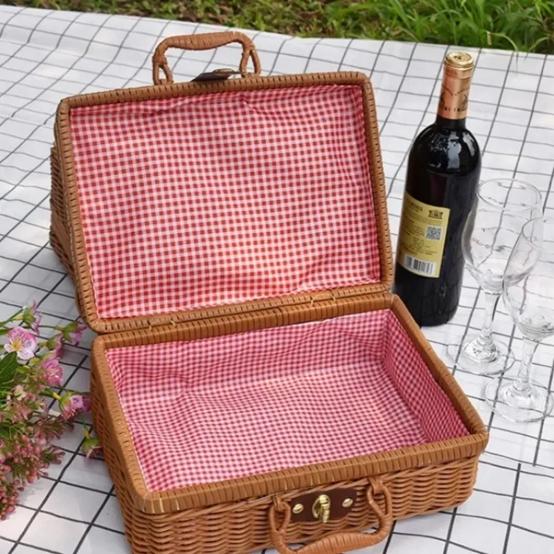 Retro Rattan Suitcase Handmade Wicker Picnic Storage Basket Travel Camping Food Snack Luggage Container Straw Woven Suitcase