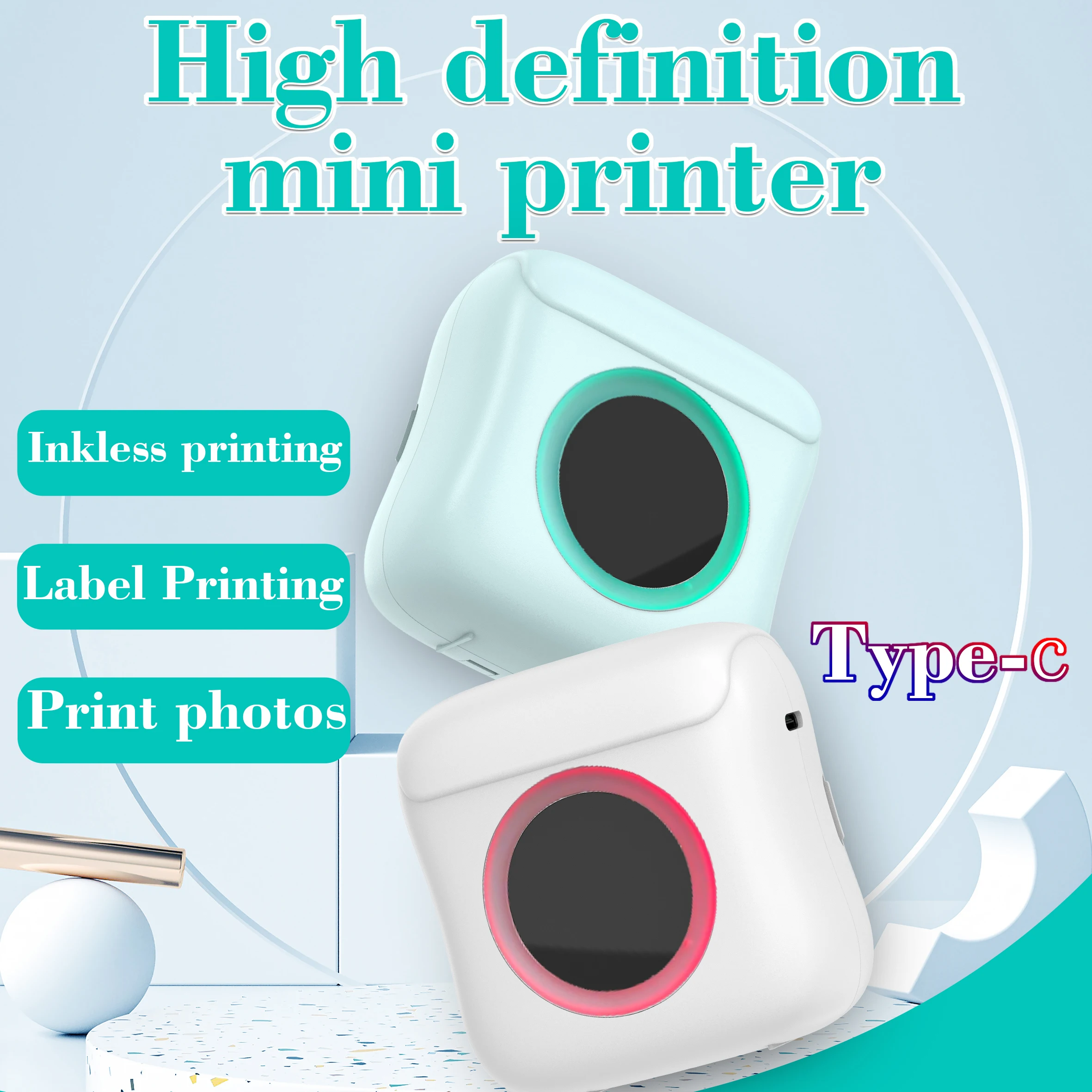 Portable Thermal Printer Mini Sticker Printer BT Wireless Inkless Label Printer Compatible with Android iOS 200dpi DIY Printing