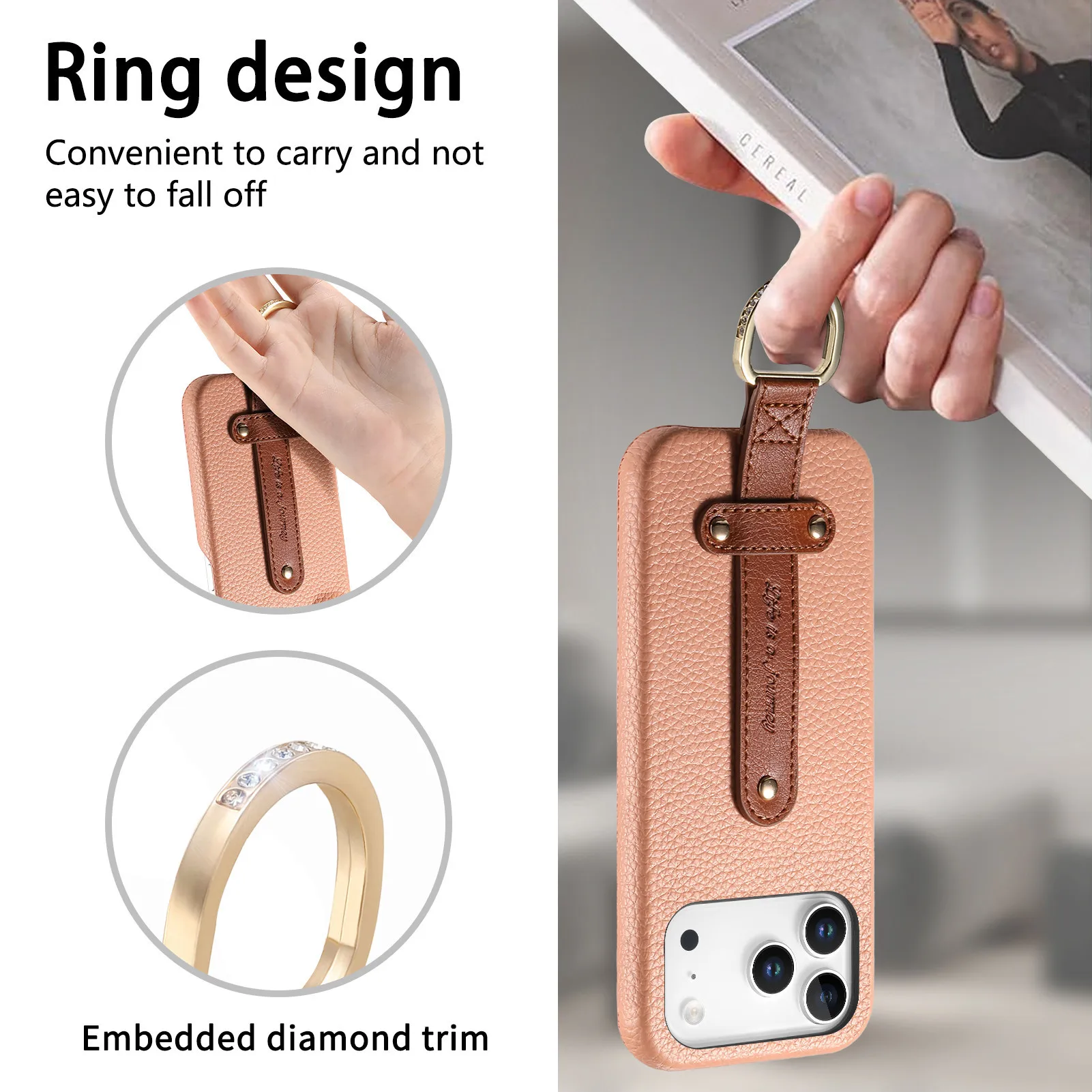 Fashion Lychee Textured Leather Wrist Strap Ring Phone Case For iPhone 17 Pro Max 16 Plus 15 14 13 12 Shockproof Portable cover - view 3