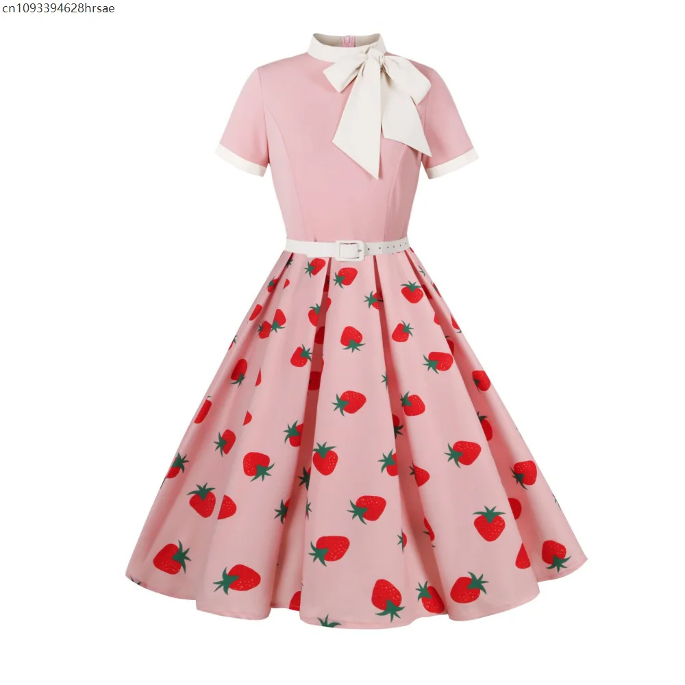 

Bow Neck Two Tone Patchwork Women Vintage 2025 Summer Short Sleeve Belted Swing Dresses for 1950s Party Outfit Halloween