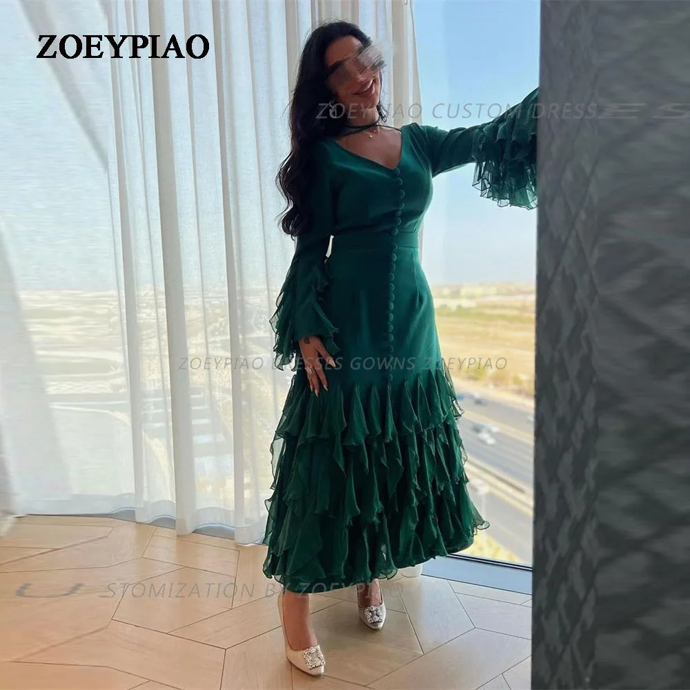 Dark Green V Neck Tiered Long Sleeves Prom Dress Ankle Length Ruched Full Sleeves Satin Women Dubai Formal Evening Dresses