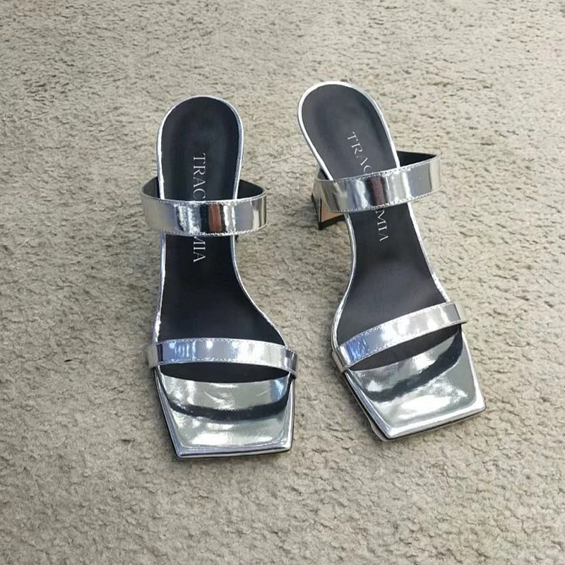 Summer 2025 New One Word Silver Half Slippers for Women Coarse Heel Simple High Heel Sandals Square Head Open Toe, Cool Slippers