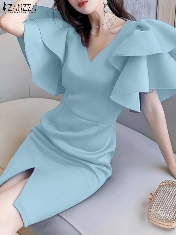 ZANZEA Fashion Side Split Sexy Wrap Dresses Elegant Solid Slim Dress Women V-neck Mini Vestidos 2024 Summer Ruffled Sleeve Robe