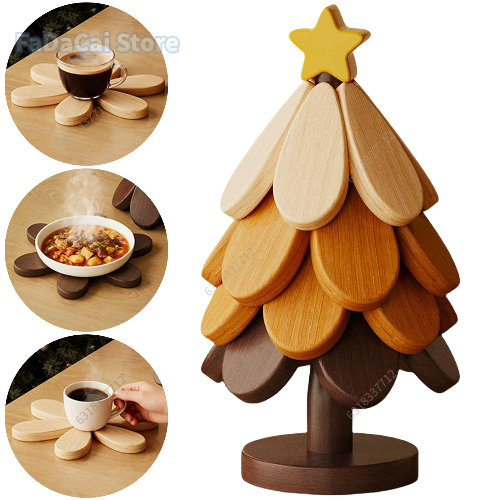 4 pièces ensemble de dessous de verre d'arbre de noël Anti-brûlure ensemble de dessous de plat d'arbre en bois de noyer pliable en forme d'arbre cuisine dessous de plat en bois pour décor de bureau