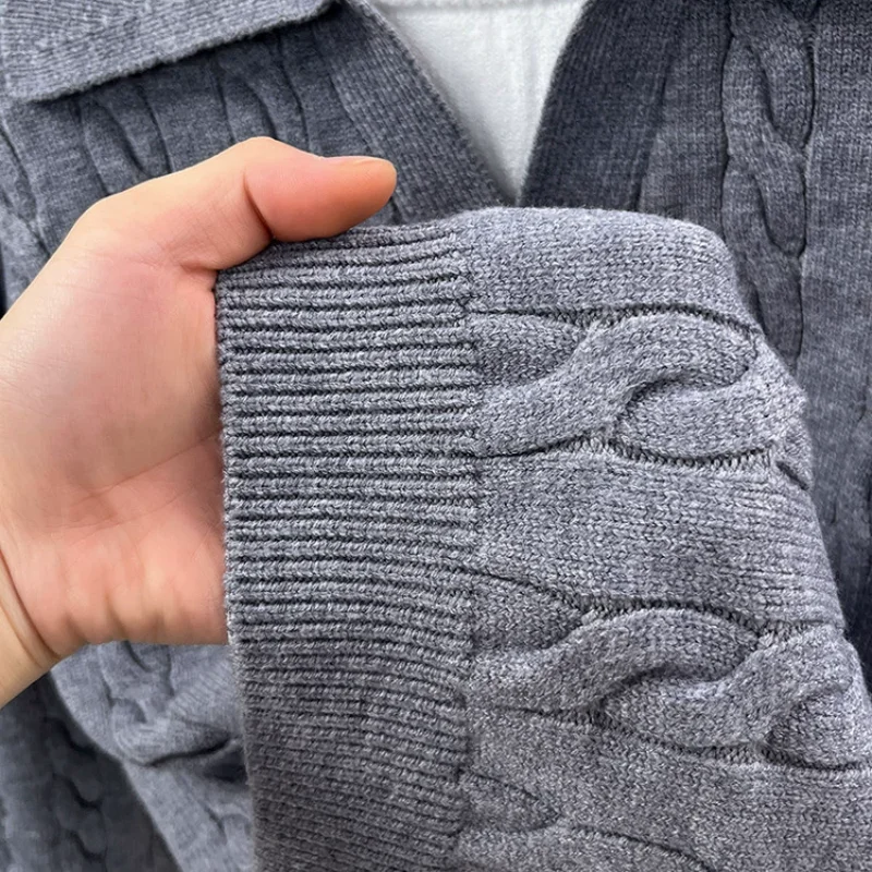 Retro Fake Two-piece Lapel Sweater Men's Autumn Winter Loose Warm Twist Knitted Casual Sweaters Pullover Knitwear Tops XXXL Grey