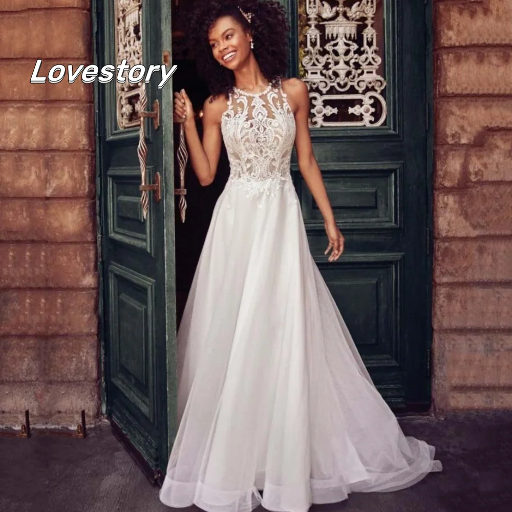 

Customized Boho A Line Wedding Dresses Halter Tulle Bridal Dress Lace Illusion Button Bridal Gowns New Vestido De Novia