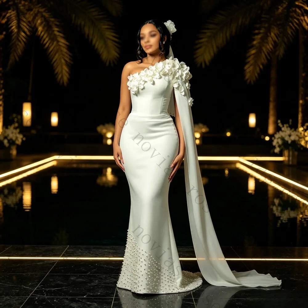 Customized Nigeria Civil Bridal Gown One Shoulder 3D Floral Pearl Beading Ankle Length Straight Wedding Dress Vestidos De Novia