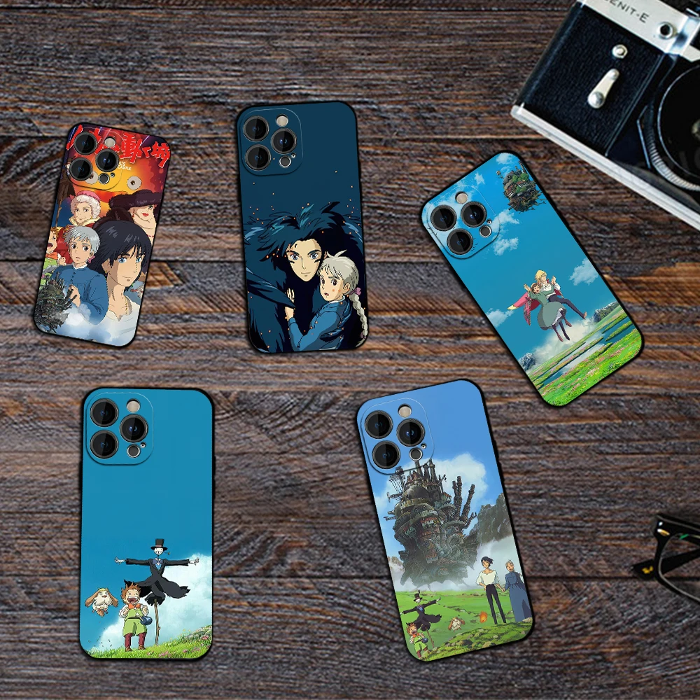 MINISO H-Howls M-Moving Castle Anime Phone Case for iPhone 12 11 13 14 15 16 Max Pro Plus Black Soft Silicone Cover