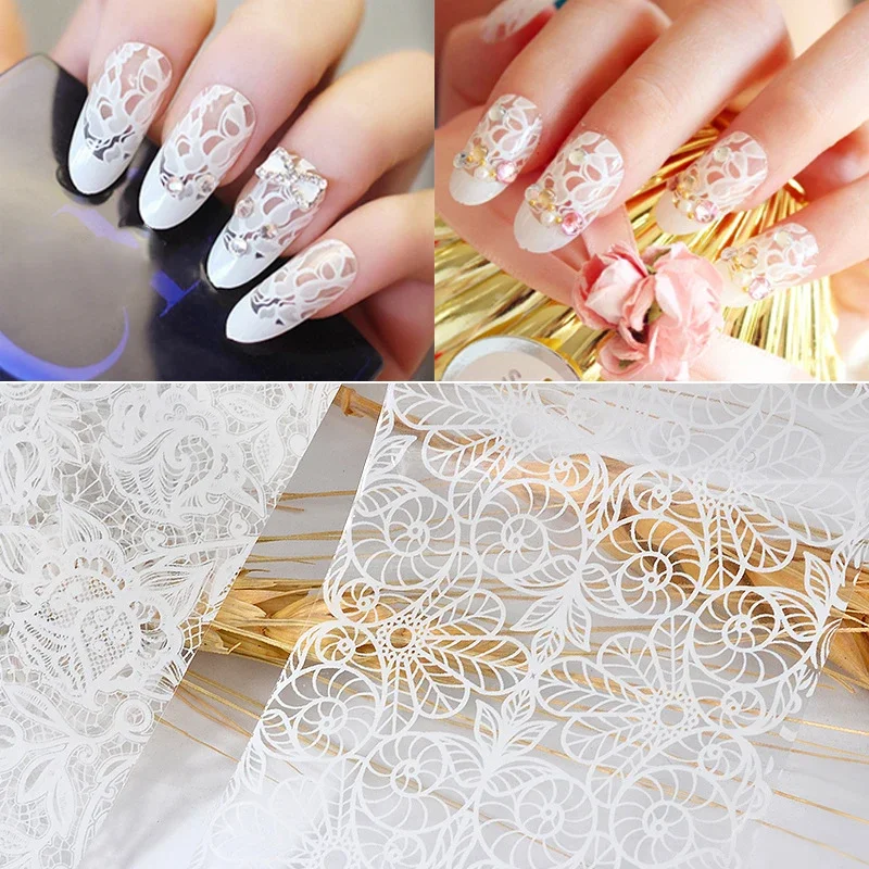 

10pcs White/Black Charm Lace Flower Nail Sticker Starry Paper Floral Decal Transfer Foil Nail Art Tips Design Gel Polish Decor