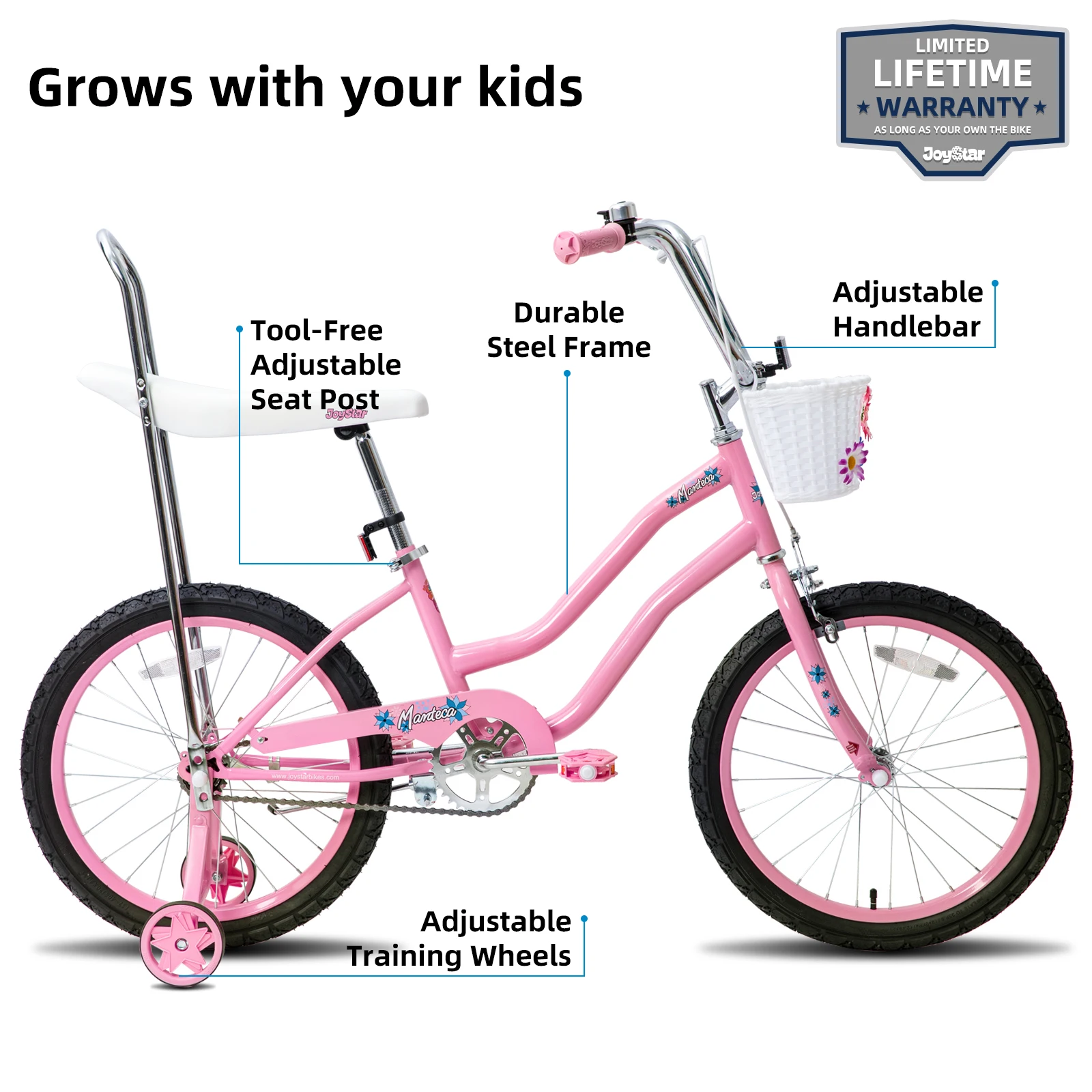 JOYSTAR 20 Inch Bike with Training Wheels, Banana Seat Bike for Girls Age 7-12 Years, Bike with Handbrake, Coaster Brakes, Pink