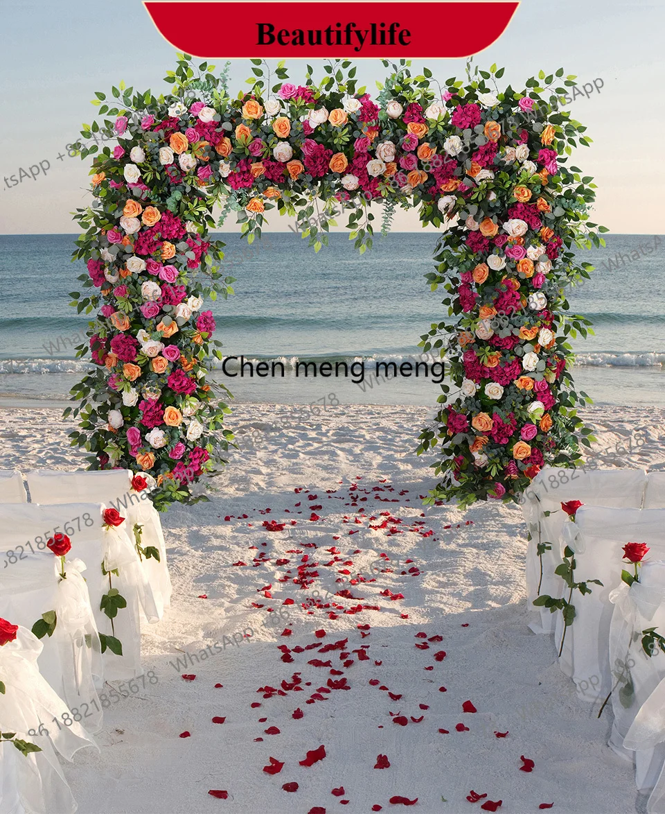 

z183 Hot Pink Orange Rose Green Leaves Arrangement Floral Outdoor Wedding Backdrop Flower Arch Frame Decor Event Party Props A82