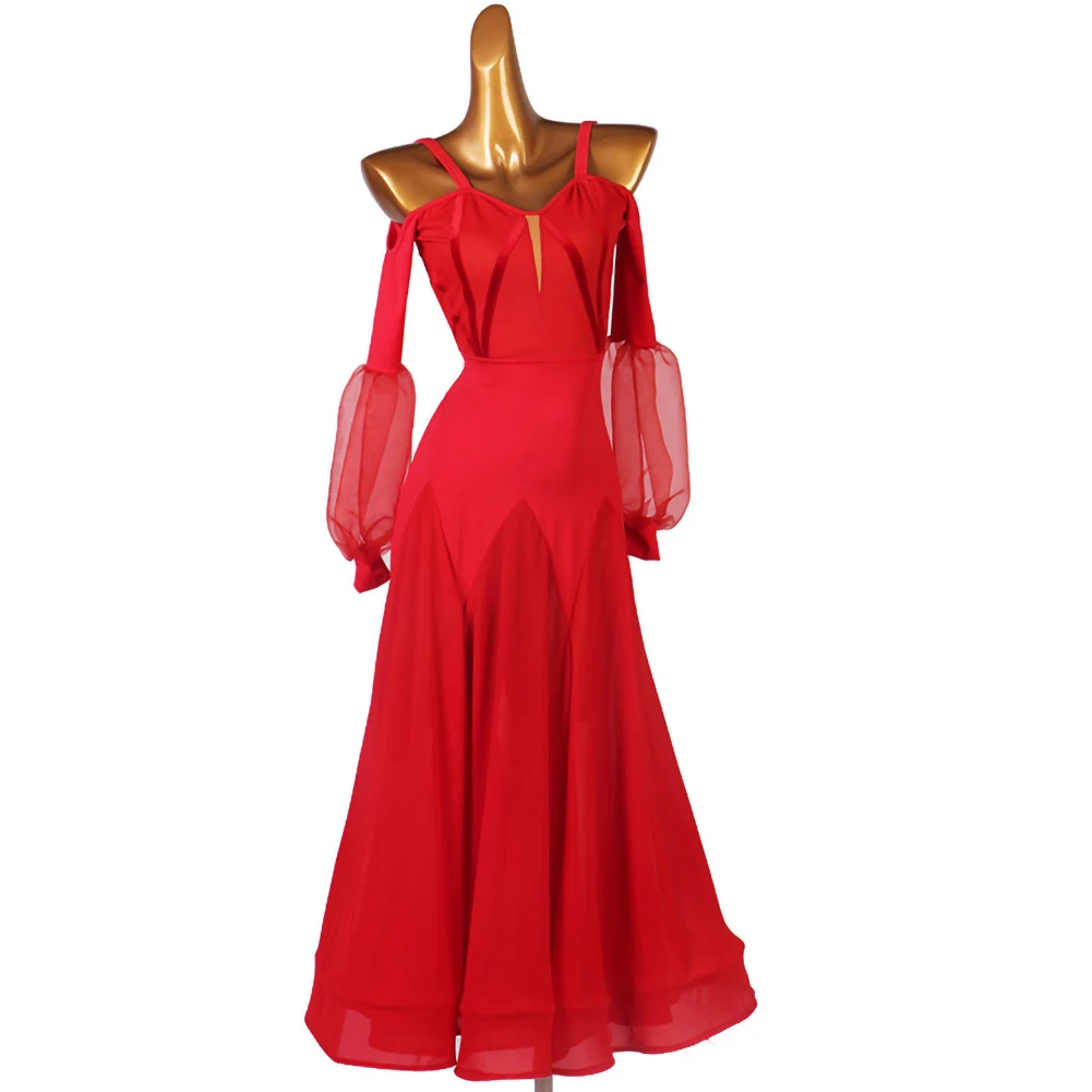 

Stage Costume Showgirl Art Waltz Black Lantern Sleeves Standard Dance Dress Black Competition New Sling Red Ballroom Dance