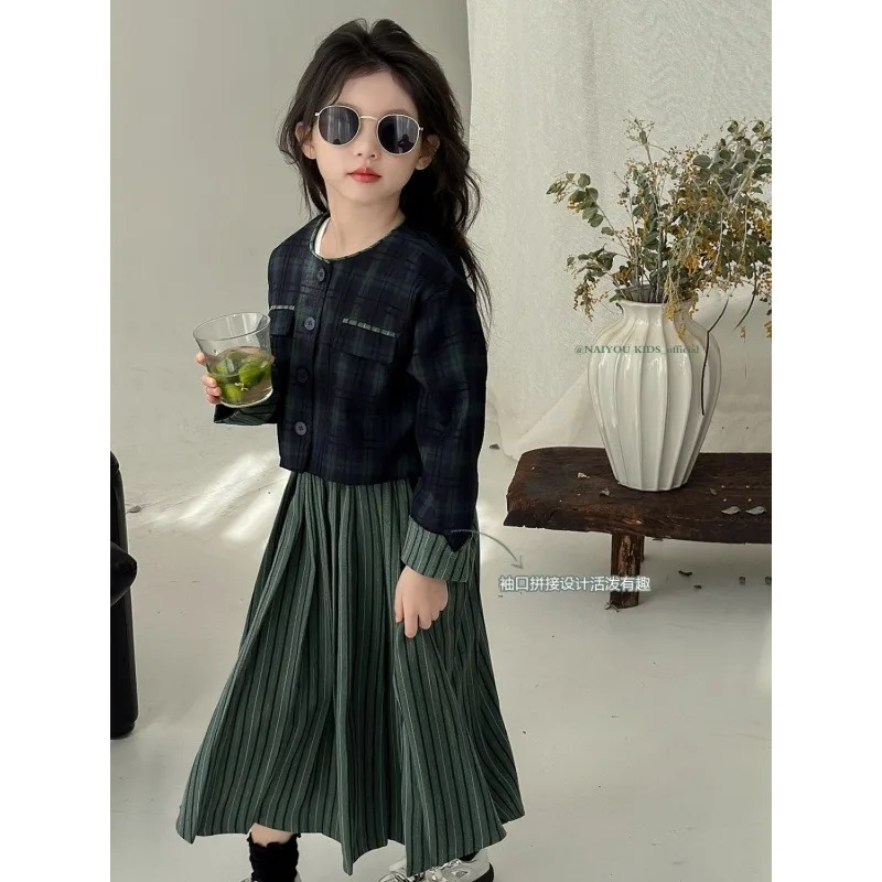 

Girls Dress Set Autumn and Winter 2024 New Children's Plaid Coat Medium and Long Skirt Thickened Two-piece Set