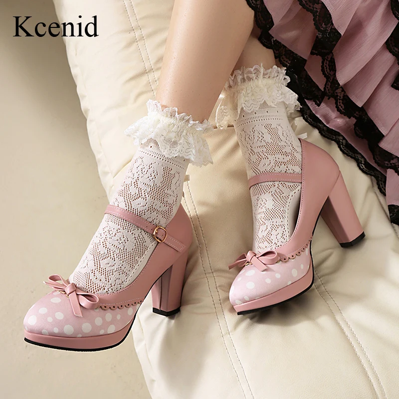 

Kcenid Women's Pink High Heels Shoes Polka Dot Lolita Princess Party Dress Shoes Sweet Bowtie Spike Heel Round Toe Ladies Pumps