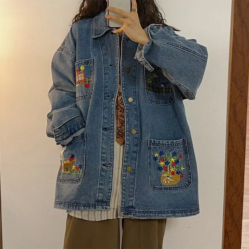 American Vintage High Street Flower Embroidery Denim Jacket Women Loose Harajuku Style Couple Trendy Blue Jeans Jackets Outwear