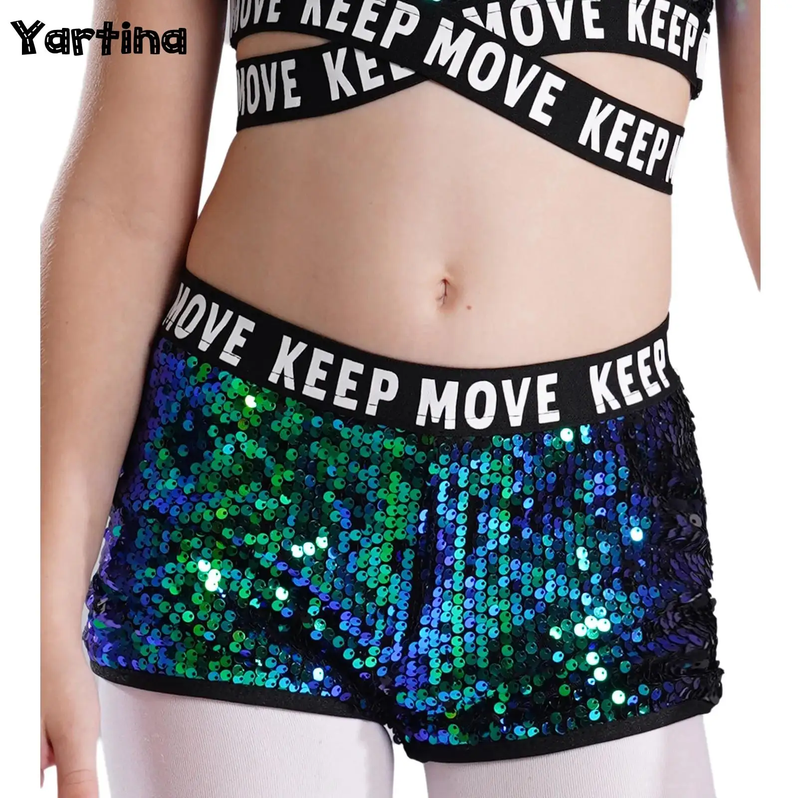 Kids Girls Sparkling Sequin Pole Ballet Dance Shorts Performance Hip-hop Costume Letters Printed Waistband Shorts