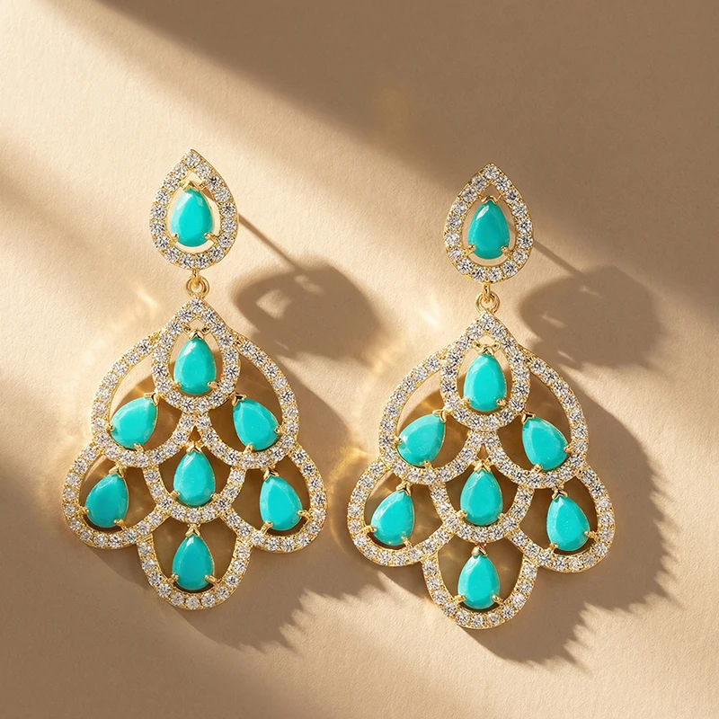 

Sparkling Peacock Feather Shape Dangle Earrings Pear Cut Green Blue Crystal CZ Stone Pave Setting Statement Earring for Women