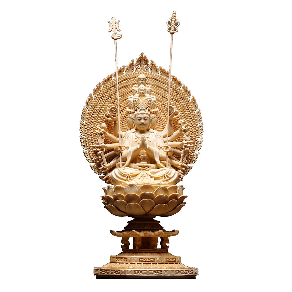 Estátua/Figurina de Guan Yin (Kuan Yin) Onze Cabeças, Mil Mãos, madeira de cipreste Hinoki. Ornamento para casa, templo.