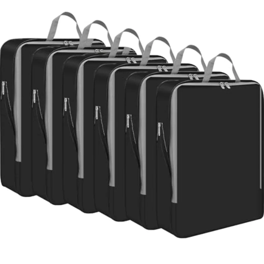 

6 компрессионных упаковочных кубов для путешествий, 11 x 7 дюймов, расширяемые органайзеры для багажа, экономящие место, для семейных длительных поездок, черные, 02